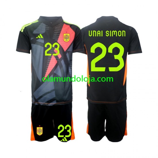 Camisola Espanha Unai Simon 23 Guarda-redes Criança Equipamento Segundo Euro 2024 Manga Curta